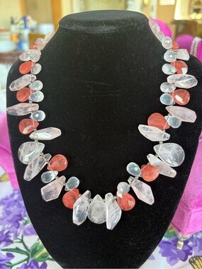 STUNNING Handcrafted Rose & Watermelon Quartz  Statement Necklace